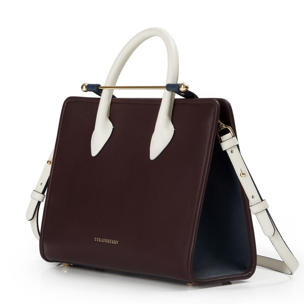The Strathberry Midi Tote - Top Handle Leather Tote Bag - Burgundy / Navy / Cream